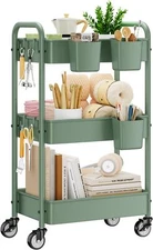 3-Tier Rolling Cart, Green, 66 Pounds Capacity, Mesh Storage Organizer with Lock