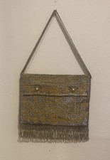 Antique Silver  Gold Beading On Fabric Purse w Fold Over Top, Pearl Closures