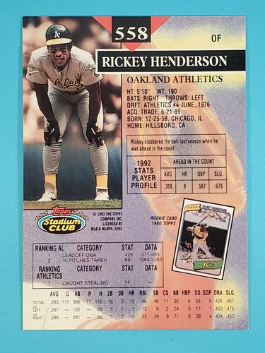 1993 Topps Stadium Club Rickey Henderson Oakland Athletics A's #558 ⚾ - Picture 2 of 2