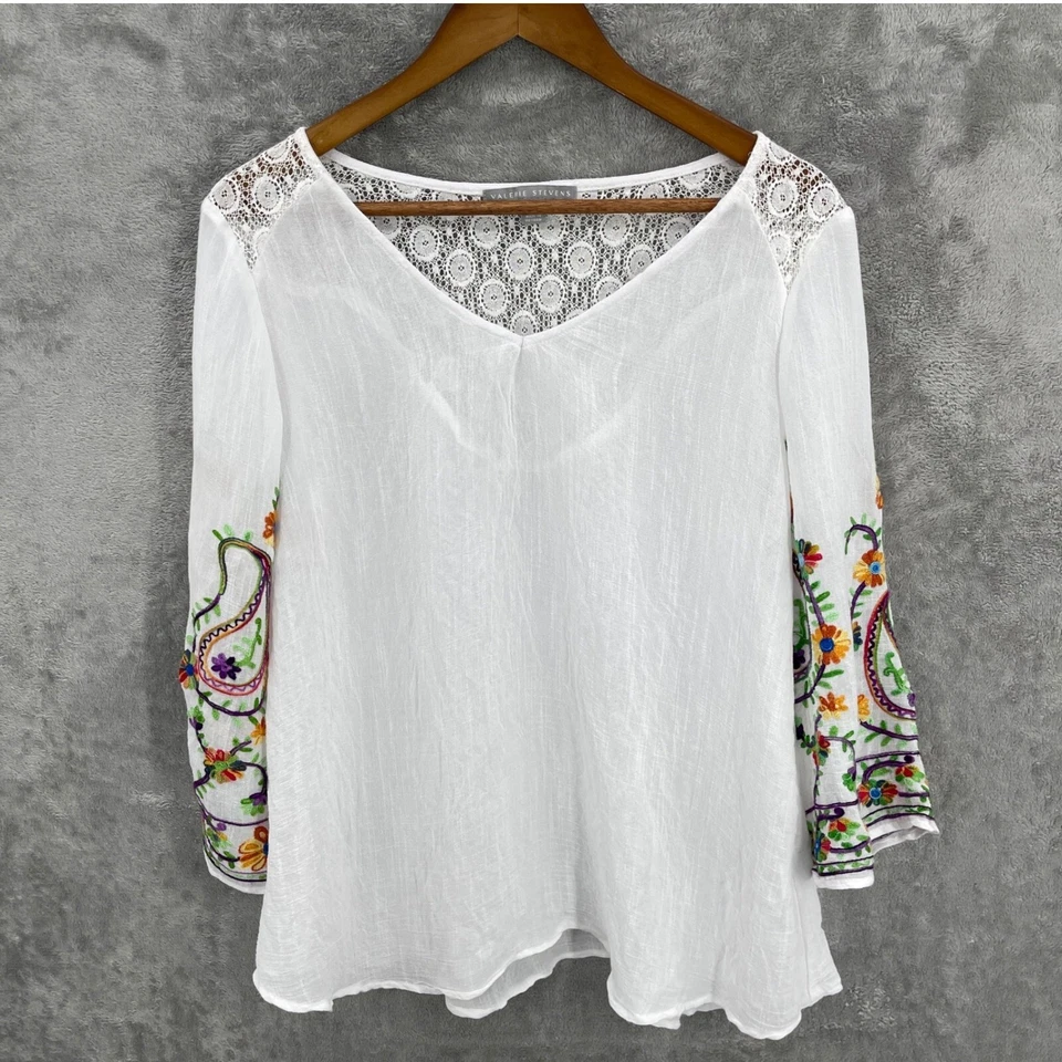 Túnica Valerie Stevens Bordada Campesina Boho Encaje Bohemio Floral Top Transparente M Foto 4 de 4