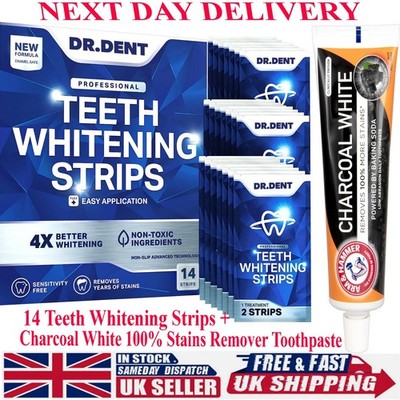 14 ZAHNAUFHELLUNGSSTREIFEN DrDent Whiten Kit + KOHLE AUFHELLENDE ZAHNPASTA 75ML