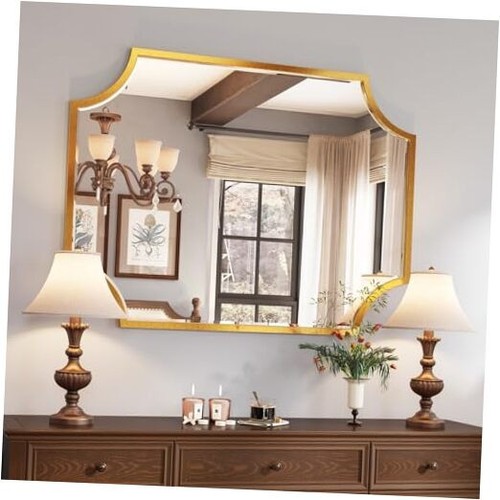 30"x40" Large Gold Bathroom Mirror for Wall, Gold Scalloped Vanity Mirror - Picture 1 of 7