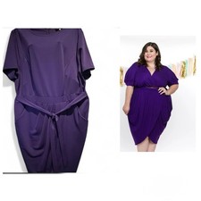 Purple Plus Size A-Line Dress Belted Pleated Crew Neck Knee Length Short Sleeve