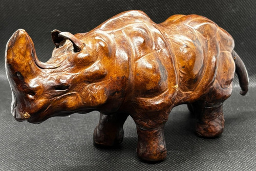 ANTIQUE Brown LEATHER Wrapped RHINOCEROS Figure Mid-Century GLASS EYES 7"