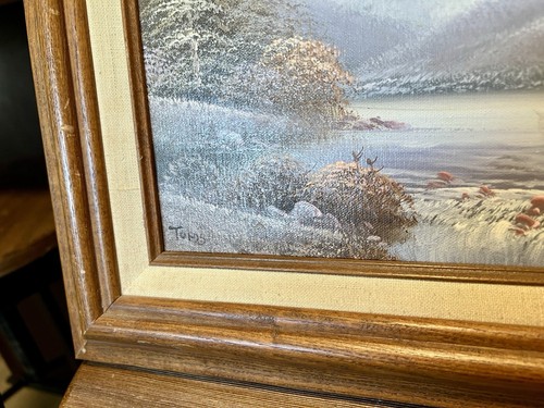 Vintage Ölgemälde Landschaft Berge Winter Impressionist realistischer Rahmen signiert - Bild 4 von 7