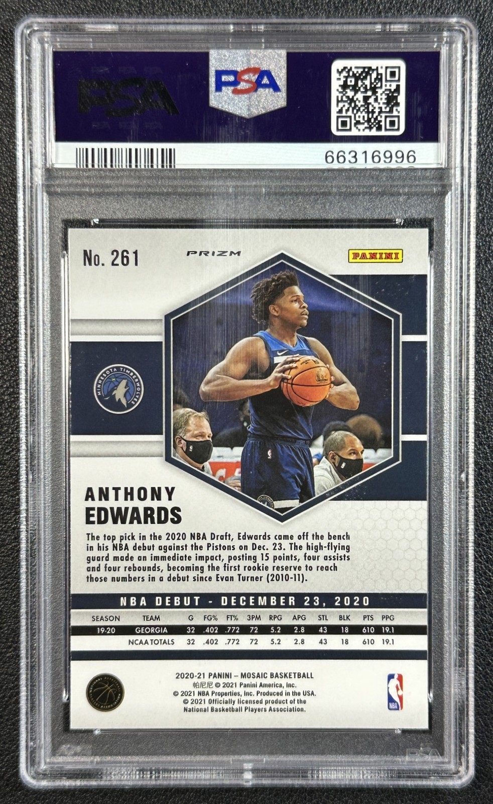 ANTHONY EDWARDS PSA 10 2020 PANINI MOSAIC #261 ROOKIE REACTIVE BLUE NBA DEBUT 96 view 2