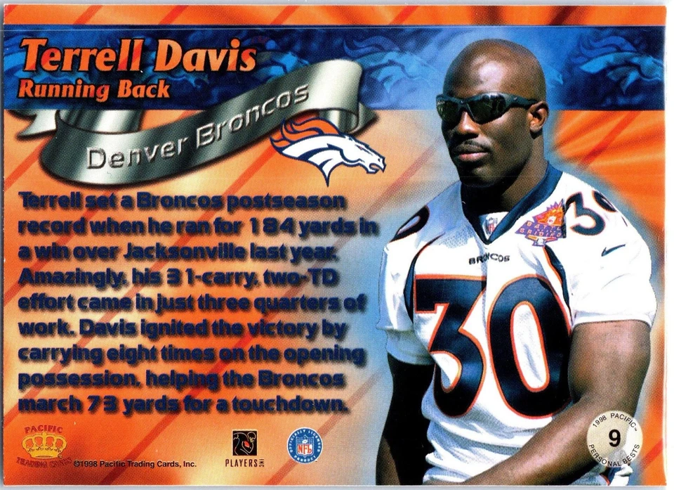 1998 Pacific Paramount Terrell Davis #9 Personal Bests Denver Broncos - Image 2 of 2