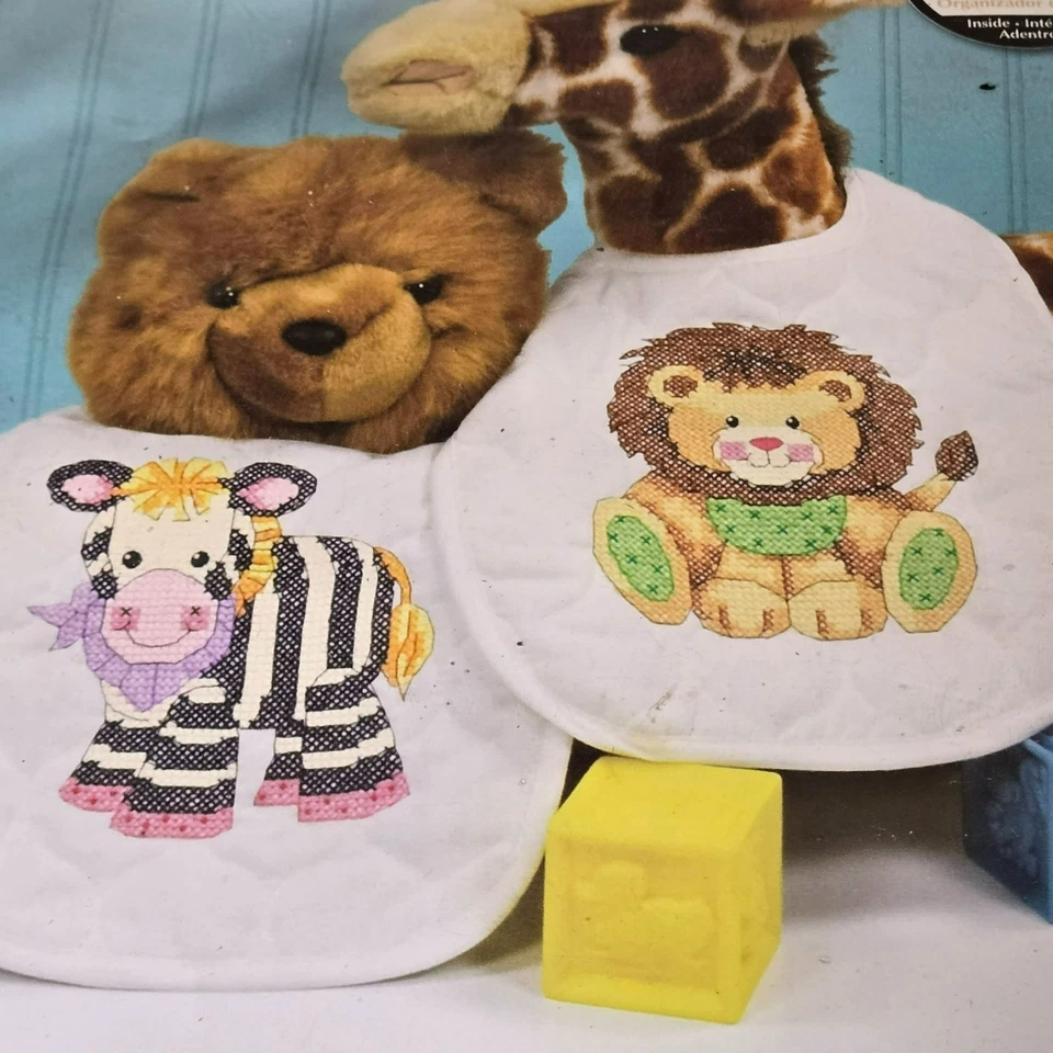 Vtg Dimensions Stamped Cross Stitch Bibs Lion & Zebra + bonus FINISHED Squirrel - Image 2 of 4