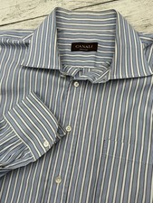 CANALI Dress Shirt 43 17 White Blue Striped Button Luxury Designer Italy
