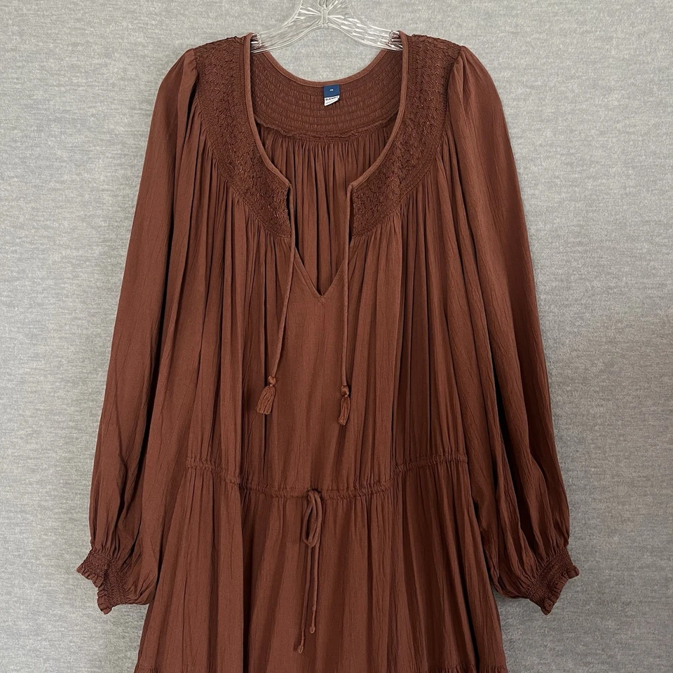 Old Navy Tiered Dress Plus Size 4X Brown Smocked Crinkle Gauze Boho Peasant Midi - Image 2 of 4
