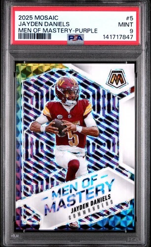 2025 PANINI MOSAIC MEN OF MASTERY PURPLE #5 JAYDEN DANIELS 25/49 PSA 9