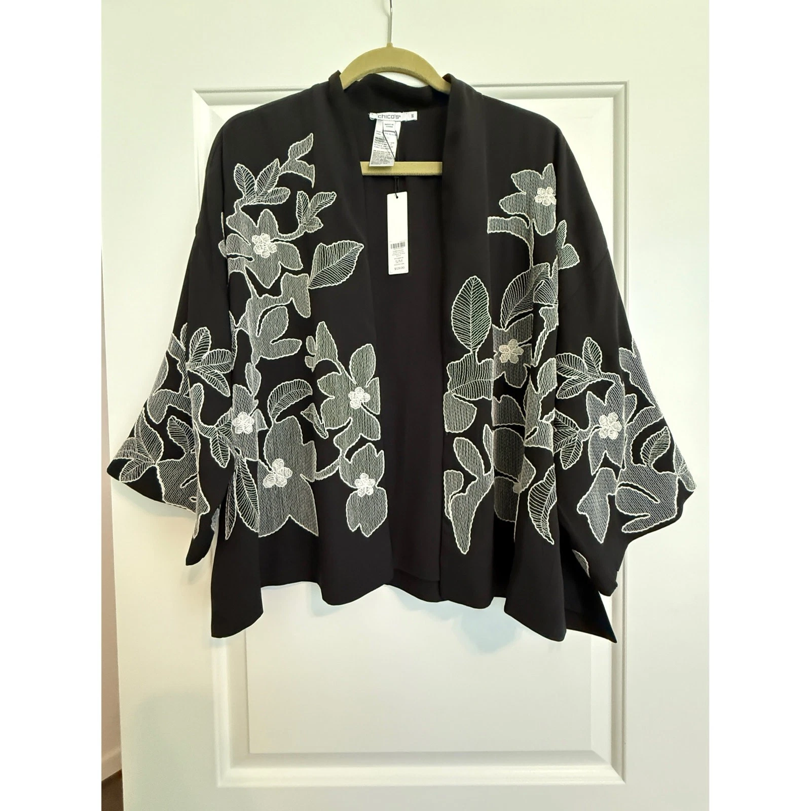 OFF WHITE Giacca kimono Chicos nero floreale bianco sporco ricamato floreale Ruana S M nuova