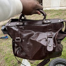 Bueno Brown Crocodile Embossed Tote Bag Buckle Accent Zip Closure Inner Pockets