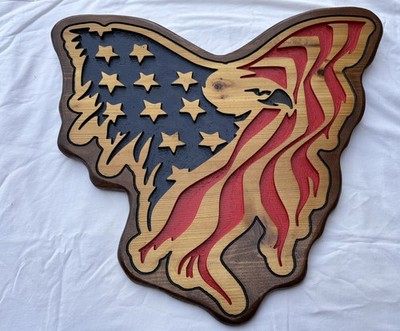 Handcrafted & Painted Wood Carving American Eagle Man Cave wall art 22''x21 5/8''