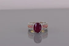 STS Sterling Silver Oval Red Topaz Halo White Topaz Accented Band Ring 925 Sz: 7