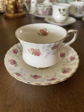 Gladstone England Teacup Saucer Set Mary Rose Pattern Fluted Montrose Gold Trim