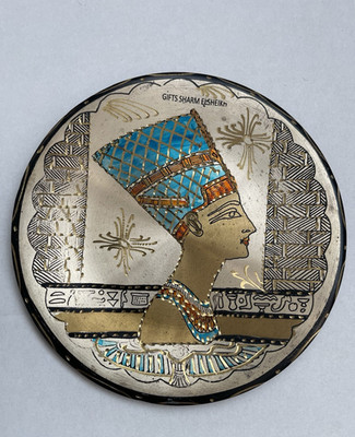 Antique Ancient Egyptian Queen Nefertiti Egypt Map Copper Enamel Wall Plate 8''