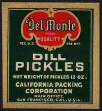 Vintage label DEL MONTE Dill Pickles California Packing San Francisco n-mint+