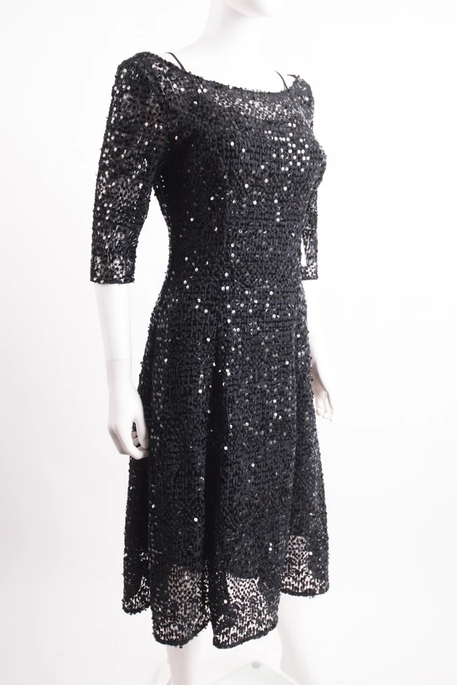 Kay Unger Womans Sequin Holiday Dress Size 4 Navy Blue Black Crochet Knit NWT - Imagem 2 de 4