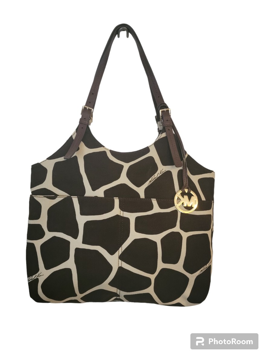 Michael Kors Giraffe Print Brown Cream Canvas Tote Shoulder Bag