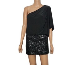 Eliza J New York Missy Mini Dress Size 6 Black Sequin Draped One Shoulder