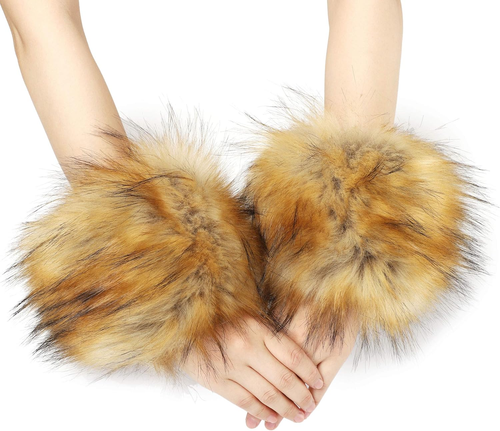 Women'S Leopard Print Faux Fur Wrist Cuffs,Winter Fox Furry Bands Arm Warmer