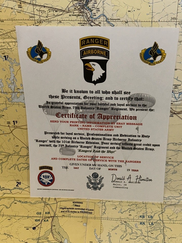 U.S. ARMY RANGER / 101ST AIRBORNE DIVISION - CERTIFICATE OF ...