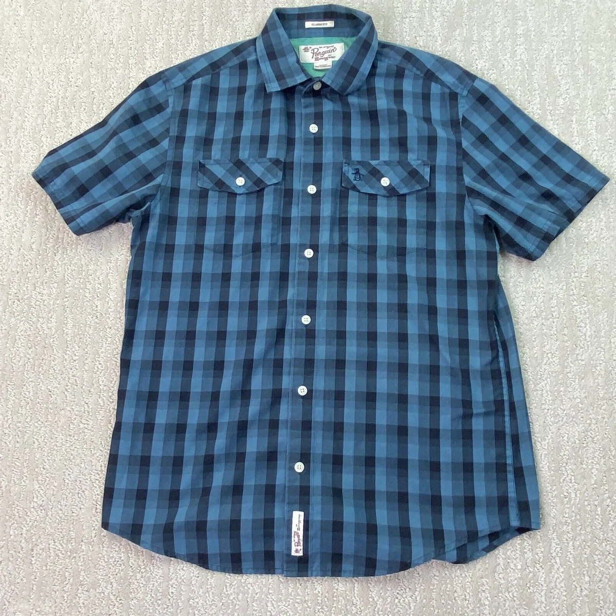 Original Penguin Button Up Shirt Mens Small Blue Check Short