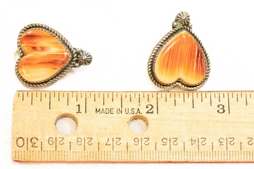 Native Amer. MARY ELLEN PEASE Spiny Oyster & Sterling Heart Clip Earrings (JLP) - Picture 8 of 9