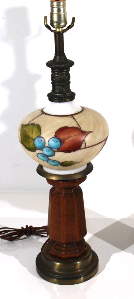 Vintage Blueberry Motif Milk Glass Lamps Globe And Wood Table Lamps - Image 2 of 4