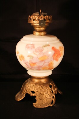 11'' Eagle milk glass decal decorated Aesthetic Movement style oil lamp font wick