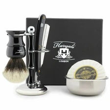 Cutthroat Razor Kit for Men  Badger Hair Shaving Brush with Stand & Shaving Bowl