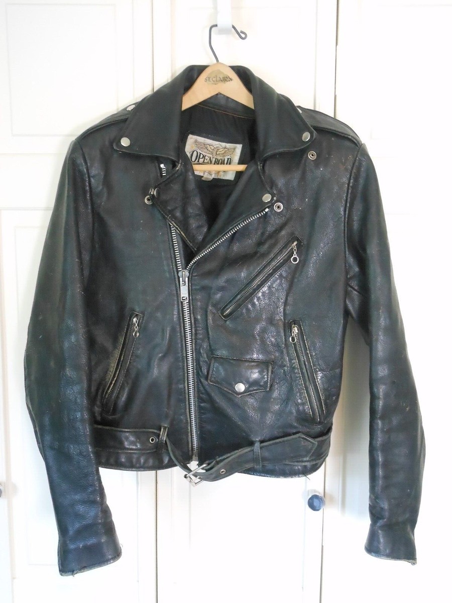 Vintage Open Road Black Leather Motorcycle Jacket, no liner, Size