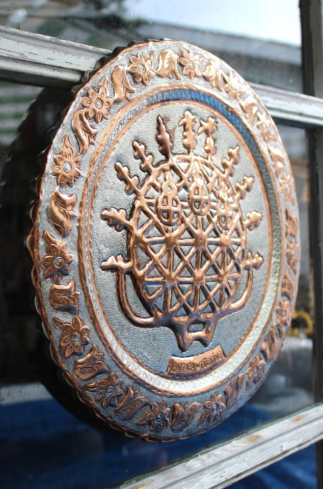 Bandeja grande de cobre estañado plateada vintage-Ankara-Turkiye-Turquía colgante de pared Foto 2 de 4