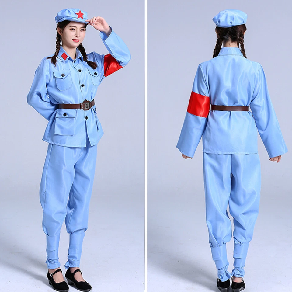 Disfraz Ejército Liberación Chino Niños Niños Adultos Chaquetas Pantalones Uniforme Trajes Foto 3 de 4