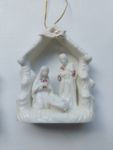Glazed Porcelain Nativity Scene Christmas Ornament Gold Trim Set Of 2 - Picture 10 of 13