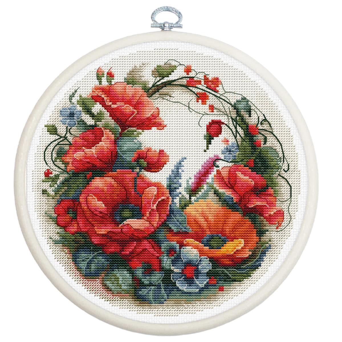 Luca-S counted cross stitch kit with hoop ""Composition with poppies"", 17x17cm, D