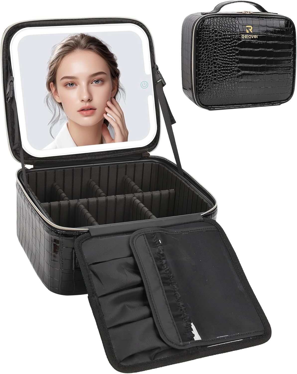Lighted Makeup Bag with Mirror Travel Cosmetic Organizer for Brushes-image
