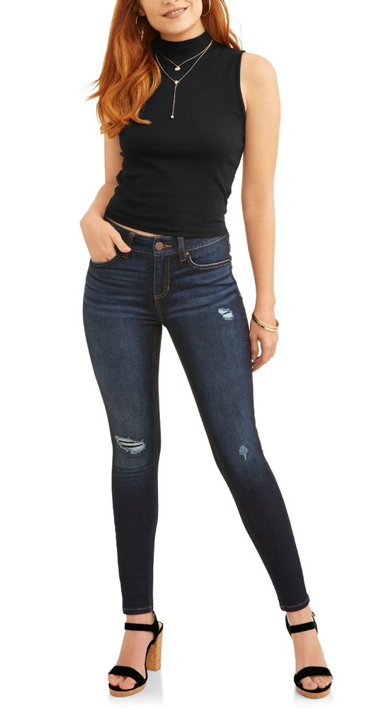 Time and Tru TTL38853 Mid Rise Fitted Skinny Dark Destructed Wash Distress Jeans