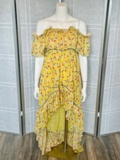 LoveShackFancy Alexia Ruffle Tiered Hi-Lo Yellow Floral Midi Dress in Sunbath, S
