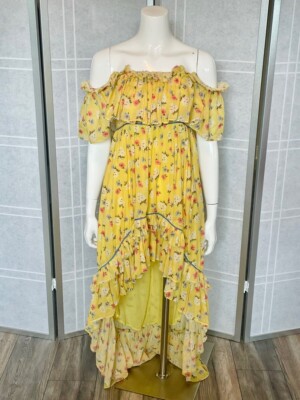 LoveShackFancy Alexia Ruffle Tiered Hi-Lo Yellow Floral Midi Dress in Sunbath, S