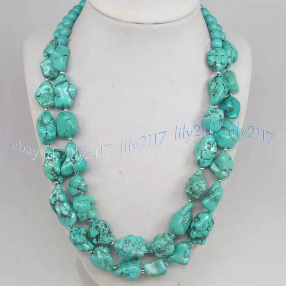 Juego de aretes collar gemas irregulares pepita gruesa turquesa natural de 2 hilos Foto 2 de 4