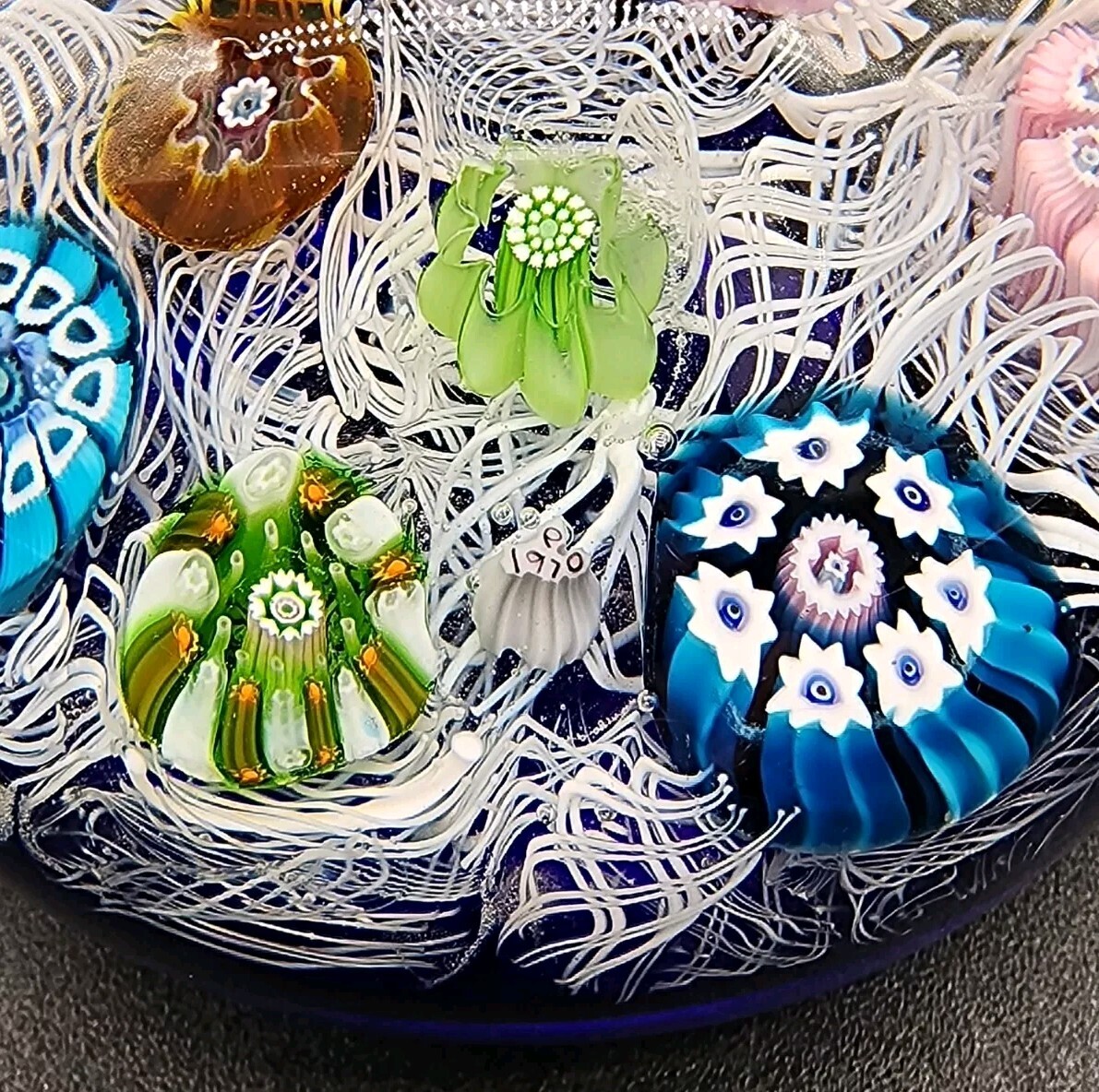 Vtg 1970 Perthshire Glass Paperweight Millefiori Silhouette White
