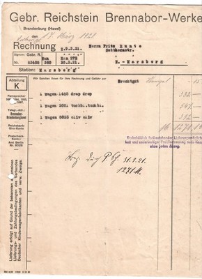 E41- Alte Rechnung Gebr. Reichstein Brennabor-Werke Brandenburg ( H ) 1921