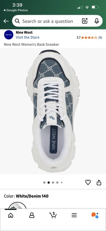 Nuevo en caja Zapatos para mujer Nine West - Talla 9 - Bask 3 - Tenis gruesos blancos y de mezclilla Foto 2 de 4