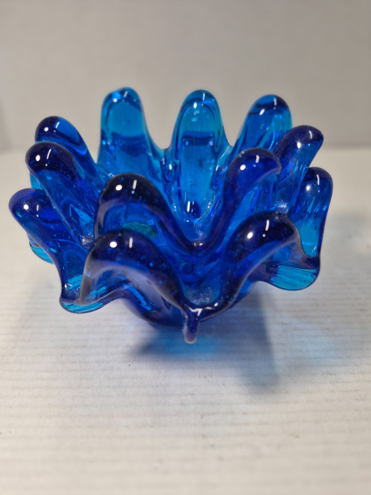 Hand Blown Art Glass Bowls Cobalt Blue Nut Ruffled Dish Set