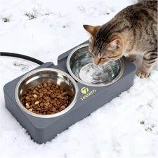 Heated Cat Bowl for Outdoor Pets - Double Stainless Steel Food & Water Bowls wit