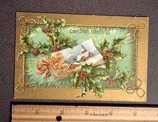 1908 Christmas Greetings Scrapbook Winter Scene Benjamin Franklin Stamp Postcard