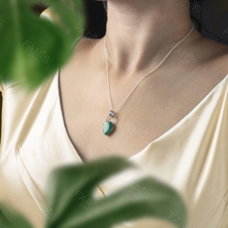 Green Emerald Droplet Stone Pendant Minimalist Oval Necklace Sterling Silver 20" - image 2 of 4