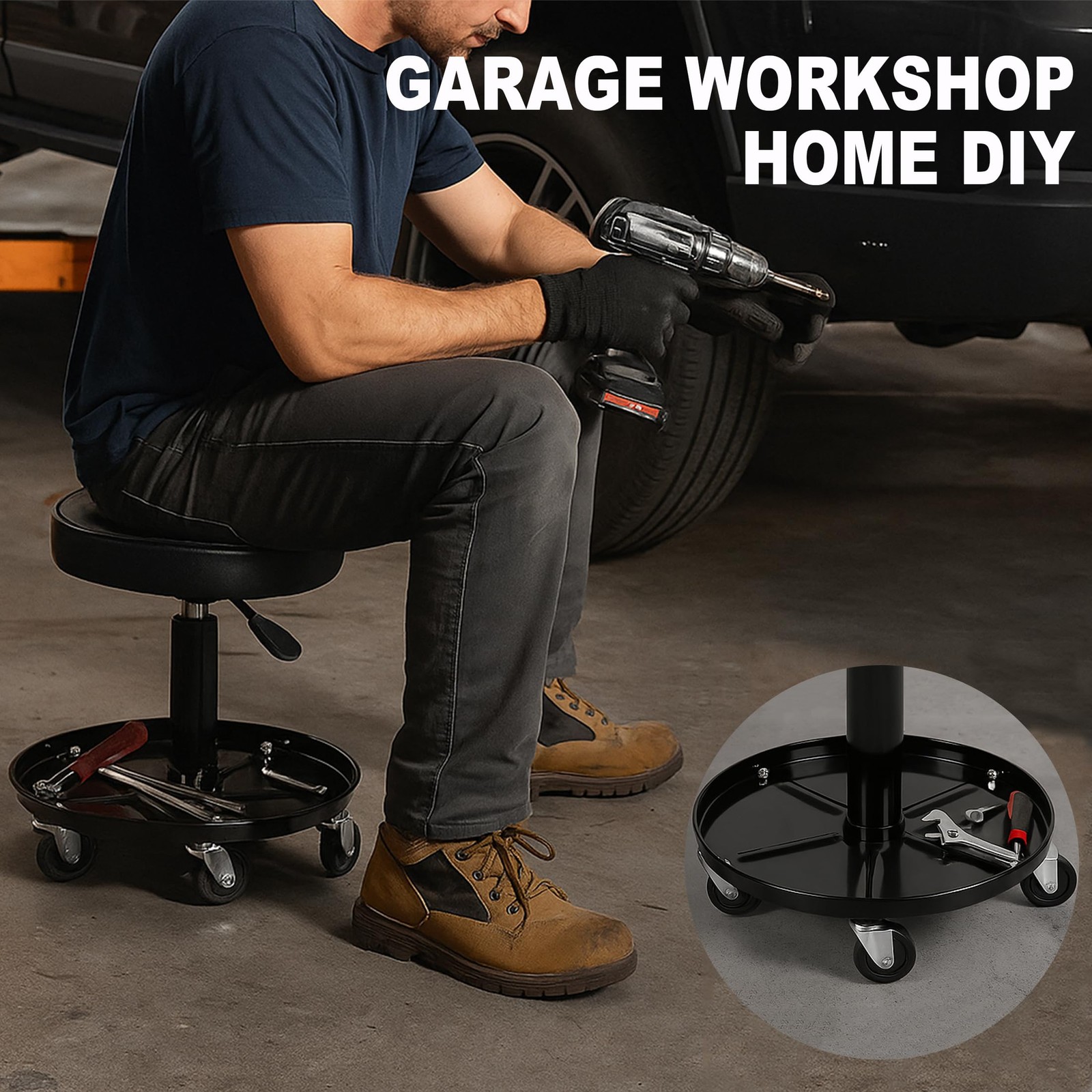 Aain® Heavy Duty Shop Seat, Adjustable Swivel Rolling Stools, Garage Seat with